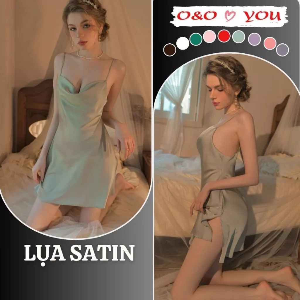 Váy ngủ 2 dây lụa cổ đổ O&O A25588 Dáng chữ A, xẻ tà, quyến rũ sang trọng, hàng Quảng Châu (Che tên)
