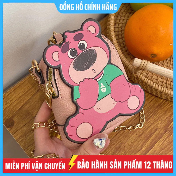 Túi Đeo Chéo Mini dễ thương Hình Gấu Dâu Bằng Da, Đựng Ví Son mỹ Phẩm Hàng Đẹp.