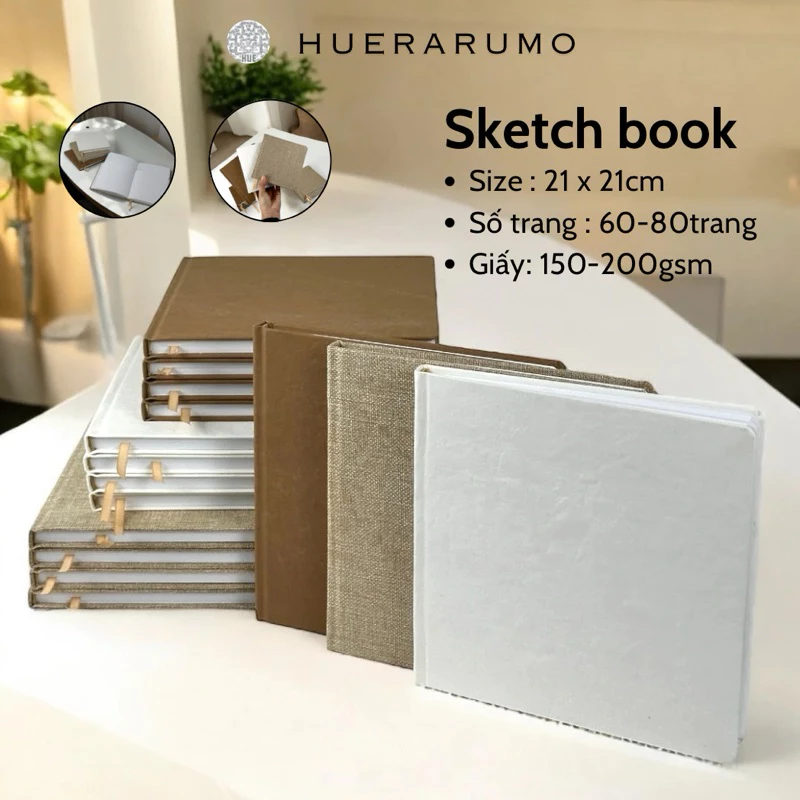 Sổ vẽ phác thảo HUERARUMO bìa cứng khổ vuông 21cm x 21cm, sketchbook, vẽ bút chì, giấy vẽ 150gsm, 200gsm.