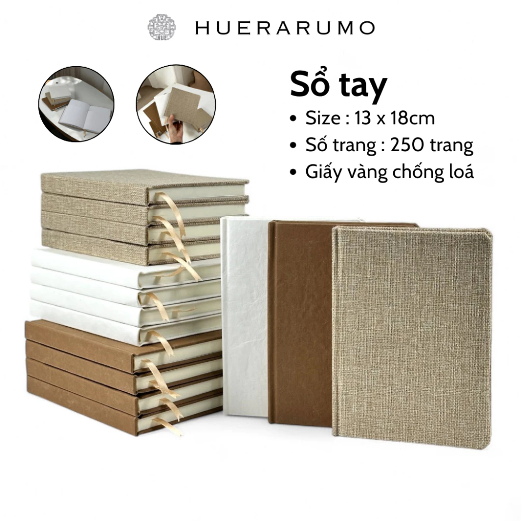 Sổ bìa cứng HUERARUMO bìa cứng 13cm x 18cm, 250 trang giấy kẻ ngang màu vàng nhạt, in offset, định lượng 70gsm.