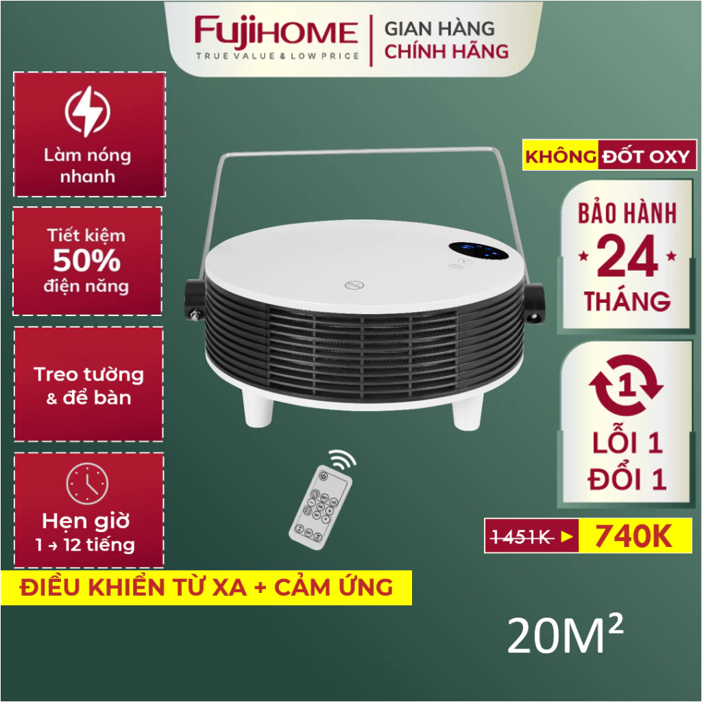 Máy sưởi gốm treo nhà tắm Nhập Khẩu FHB5000 FUJIHOME điều khiển từ xa, quạt sưởi điện treo tường ấm phòng heaters