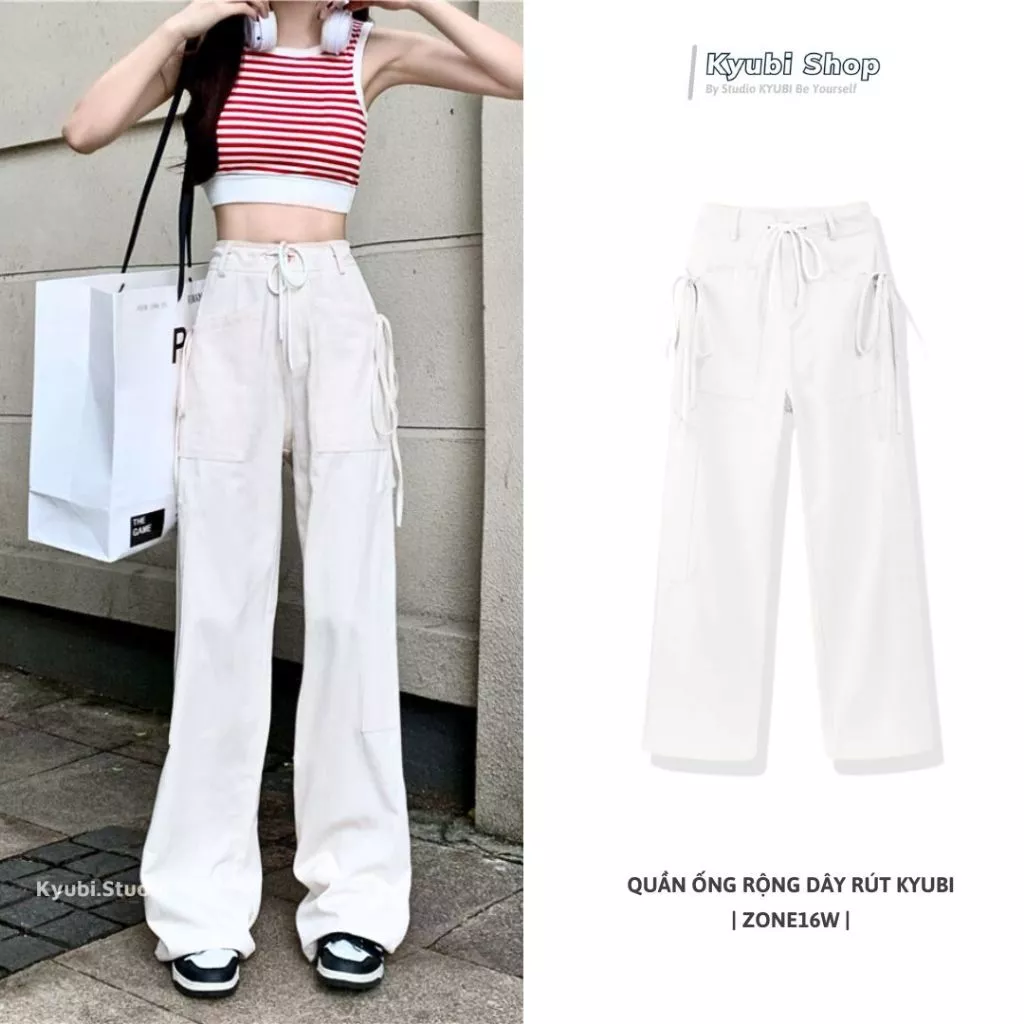 Quần Dài Kaki Cotton Ống Rộng Túi Hộp ZONE16 Cạp Cao Nữ Unisex - Quần Jogger Túi Hộp Dây Rút Nam Nữ KYUBI