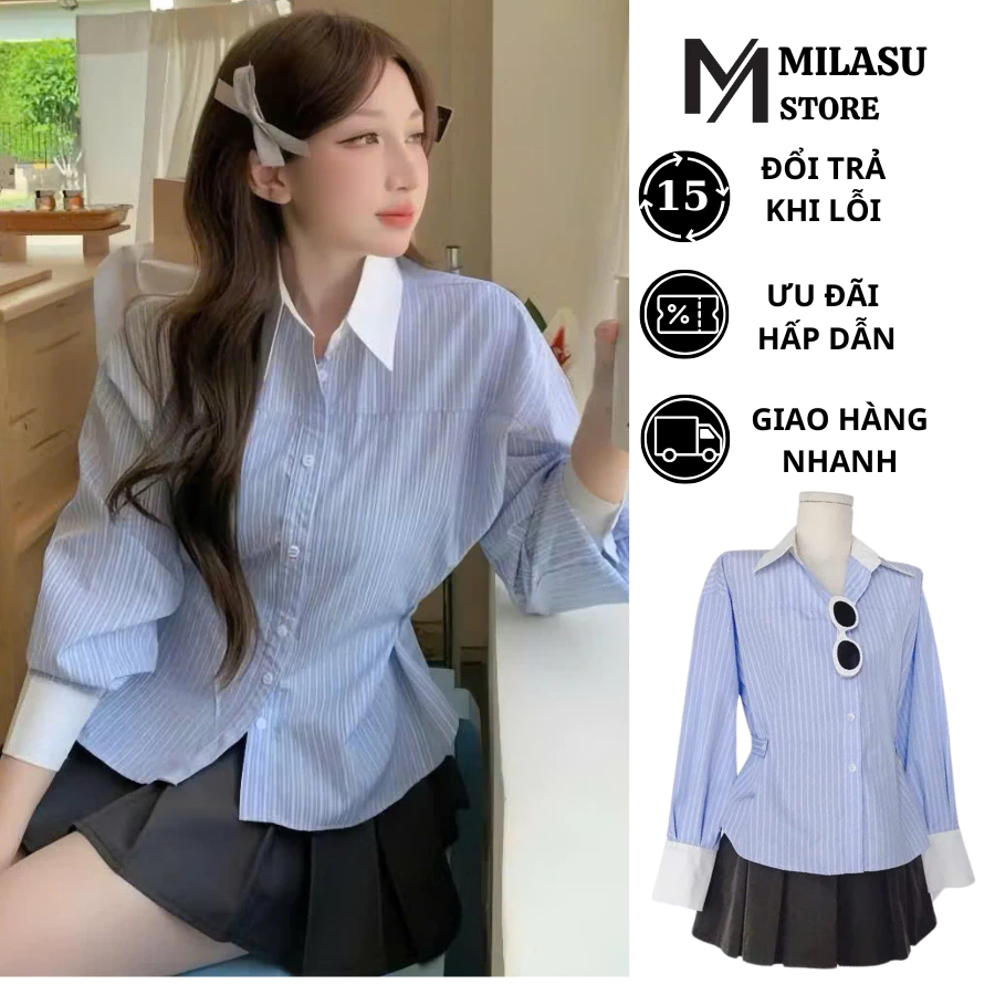 Áo sơ mi kẻ xanh phối trắng đai eo tiểu thư MILASU áo nữ dài tay phong cách cổ điển 349