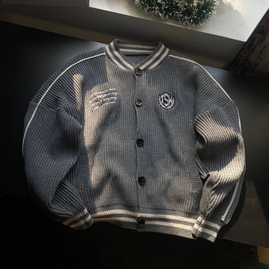 SLICK - Áo Khoác Varsity Len Lông Cừu Cao Cấp Xám/Đen Titan - Jacket Knit Zip