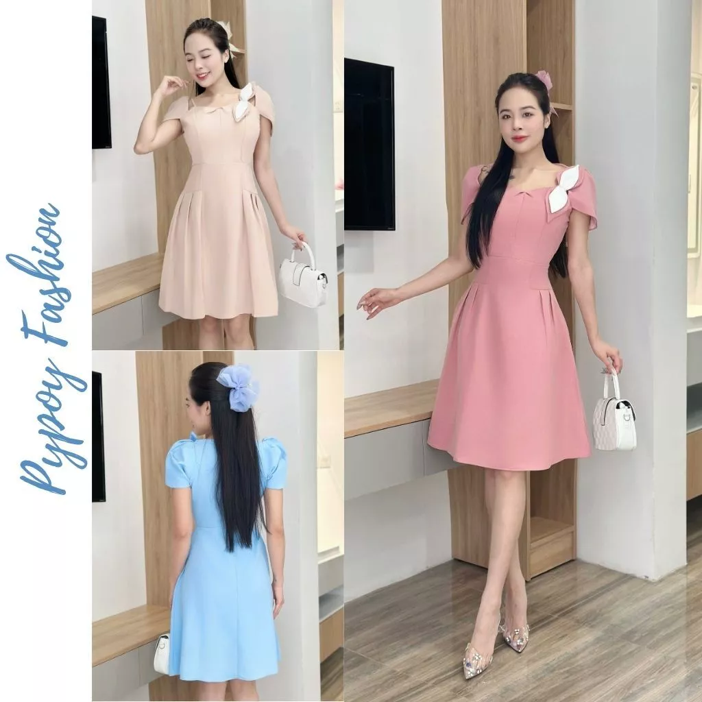 Đầm Công Sở Sang Chảnh Kết Ngọc Trai Dáng A Cách Điệu Tay Cụp Đính Hoa Nổi, Đính Nơ Siêu Xinh Thanh Lịch