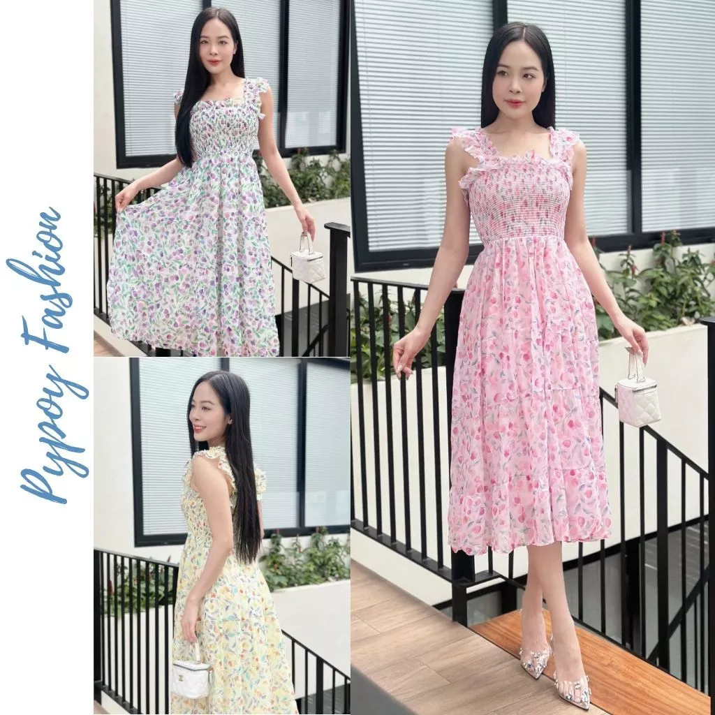 váy hoa nhí dáng dài cho nữ thanh lịch trẻ trung mẫu mới, tôn dáng siêu xinh cho các nàng