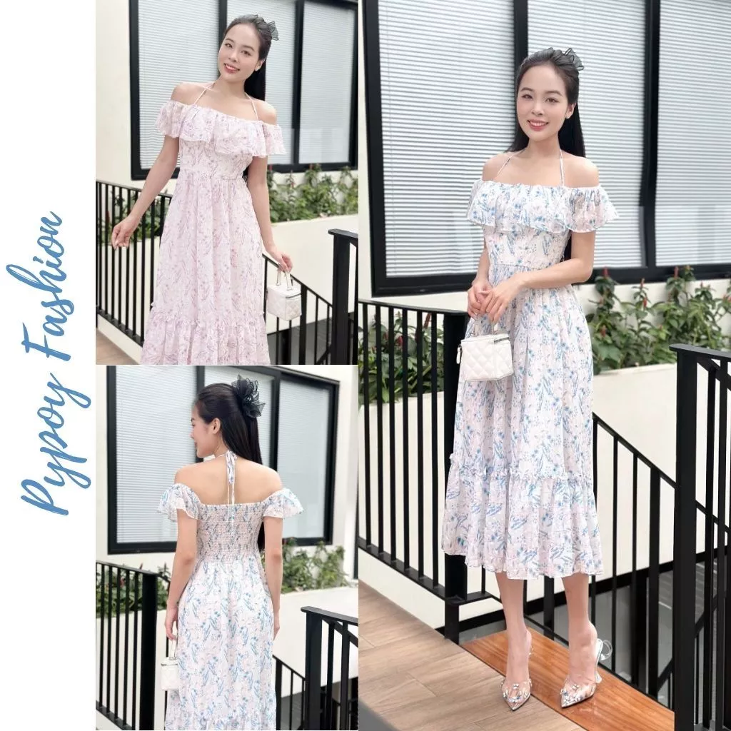 đầm váy maxi biển trễ vai Váy voan hoa trễ vai có mút ngực