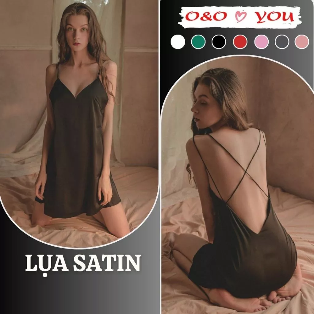 Váy ngủ hai dây cổ V dây chéo liền thân chất liệu lụa satin cao cấp A12988 O&O mềm mại, thoáng mát