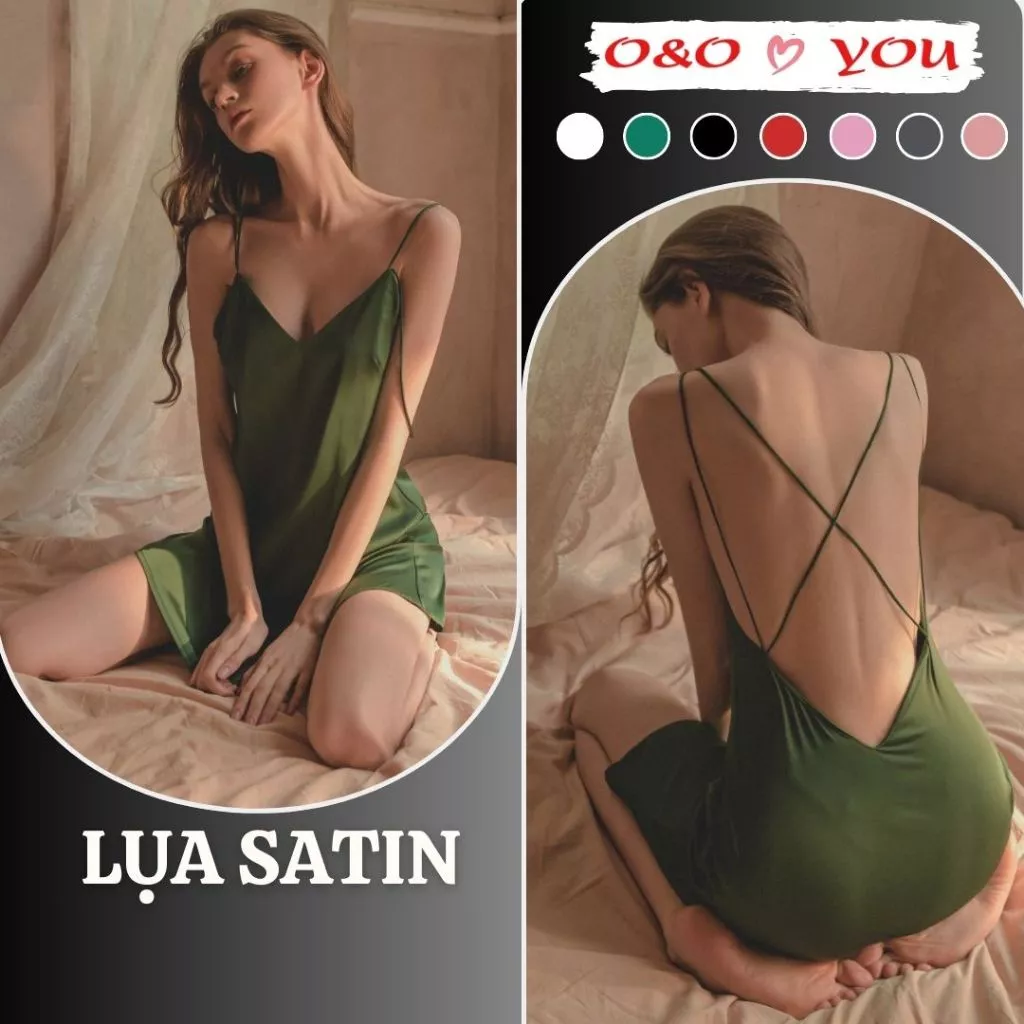 Đầm ngủ lụa satin hai dây cổ V dây chéo mềm mại thoáng mát sang trọng - A12988 O&O