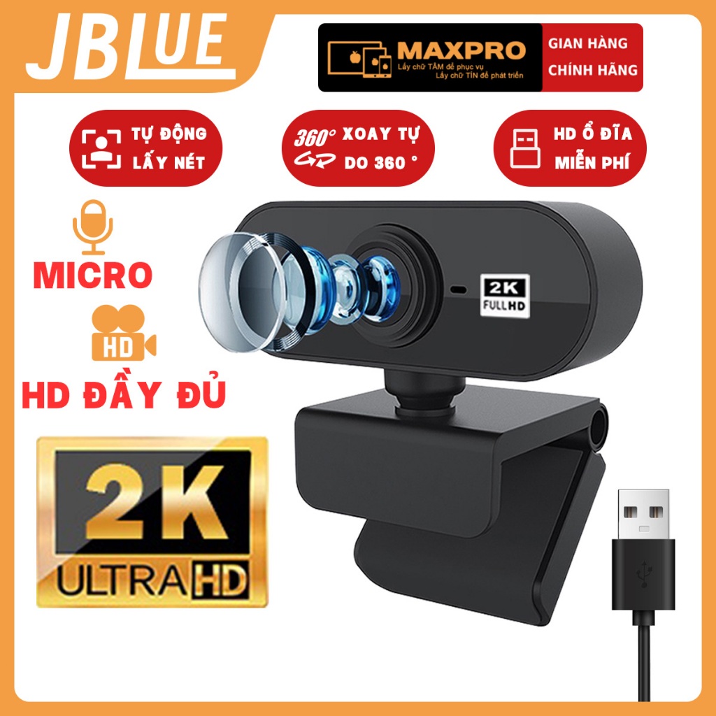 JBLue Webcam 2K/1080P Livestream, mic giảm ồn Trợ sáng cực tốt, Máy tính USB…