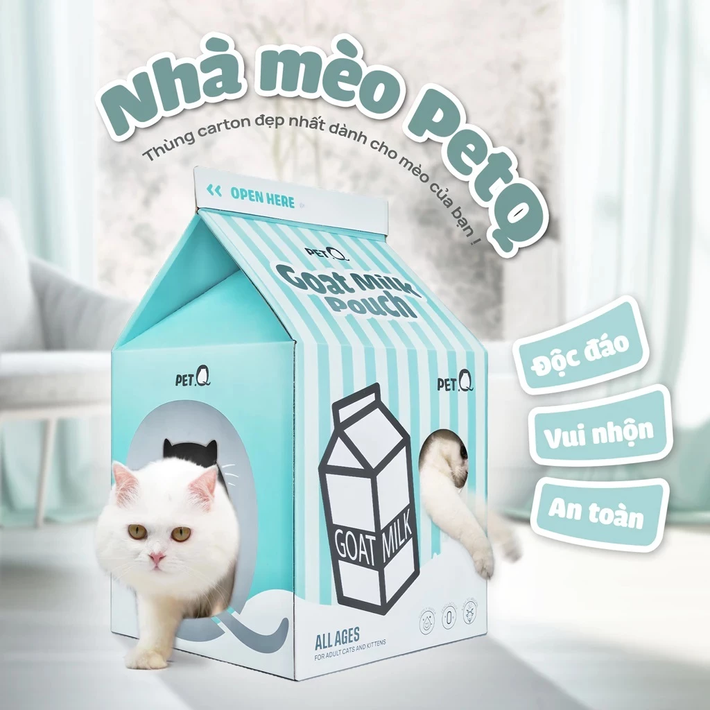 Nhà cho mèo PetQ, Nhà giấy carton cào móng cho mèo, Chất liệu bền bỉ, Thiết kế xinh xắn,decor phòng