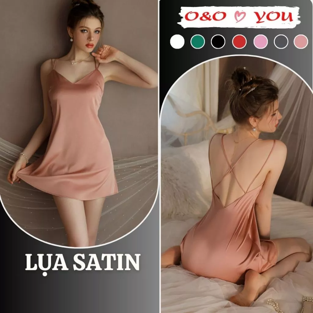 Váy ngủ lụa satin cao cấp A12988 O&O hai dây liền thân cổ V dây chéo nhẹ nhàng, thanh lịch