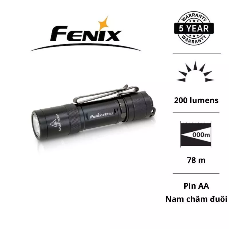 Đèn pin mini FENIX E12 V3.0 sáng 200 lumens chiếu xa 78m sử dụng pin AA tích hợp nam châm đuôi