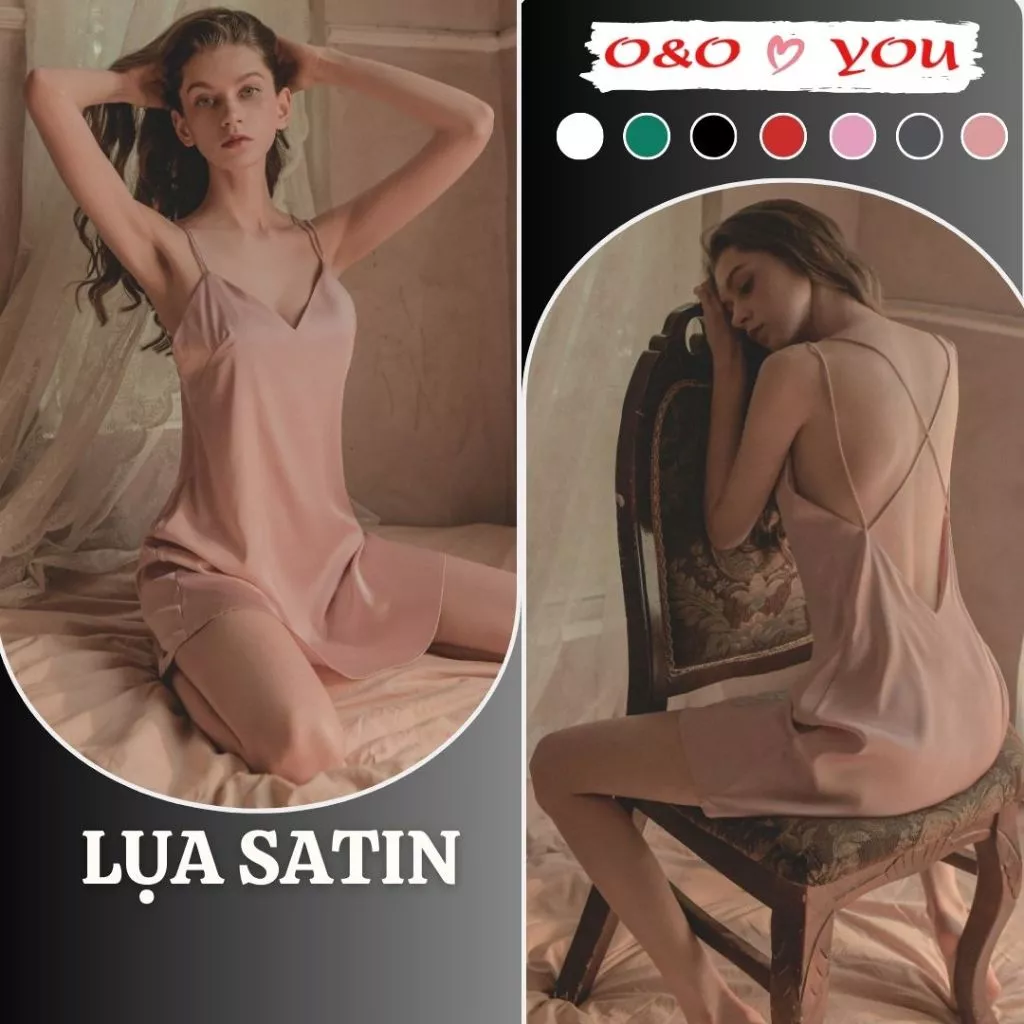 Váy ngủ lụa satin A12988 O&O, hai dây chéo liền thân, chất liệu cao cấp, thoáng mát, quyến rũ