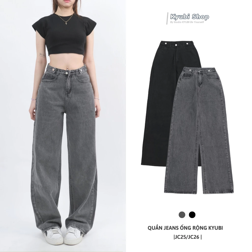 Quần jean nữ ống rộng đen xám phong cách Ulzzang School (Có Bigsize) - Quần jeans baggy suông Kyubi JC25
