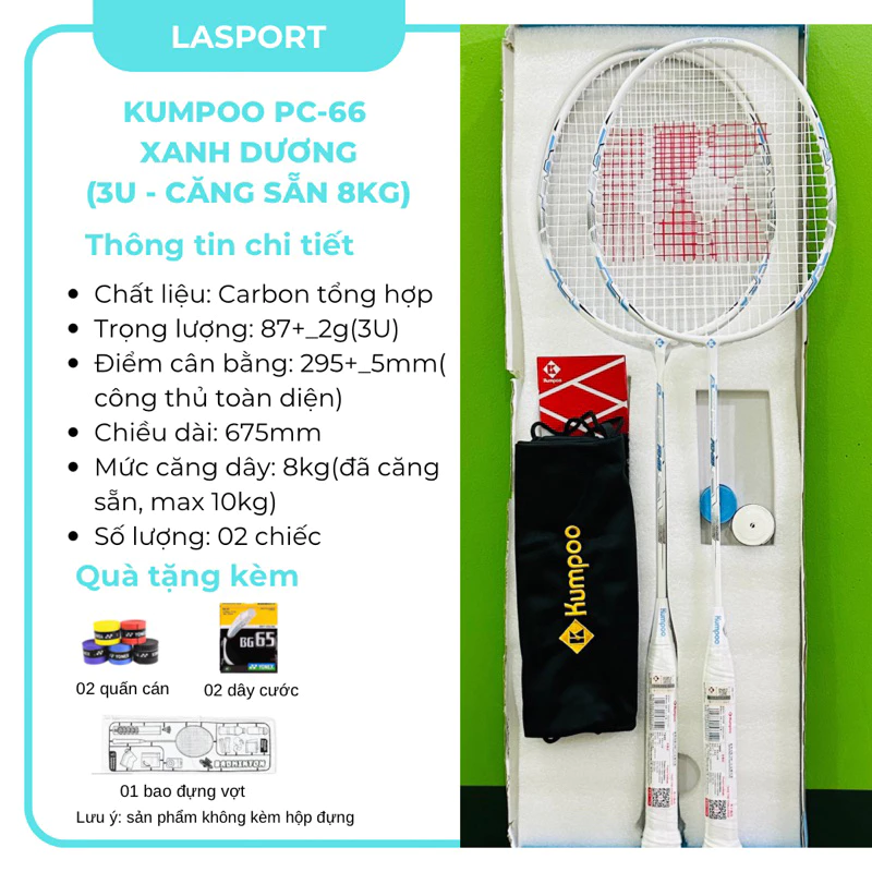 Bộ vợt cầu lông Kumpoo PC-66(02 chiếc)chính hãng sợi carbon 3U, căng sẵn 8kg tặng kèm túi đựng và quấn cán