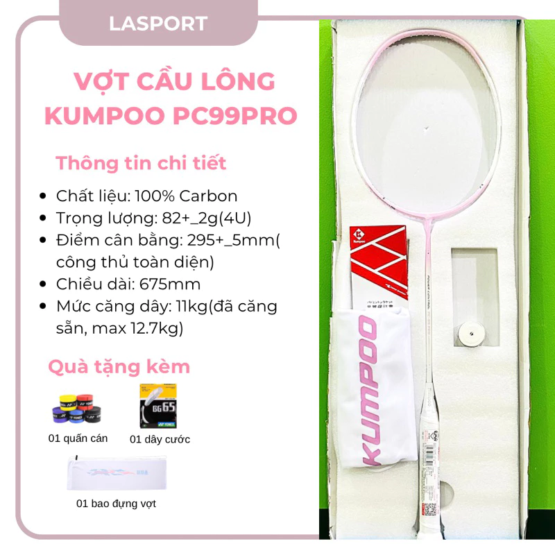 Vợt cầu lông Kumpoo PC99pro chính hãng sợi carbon 4U, căng sẵn 11kg tặng kèm túi đựng và quấn cán( không kèm box)