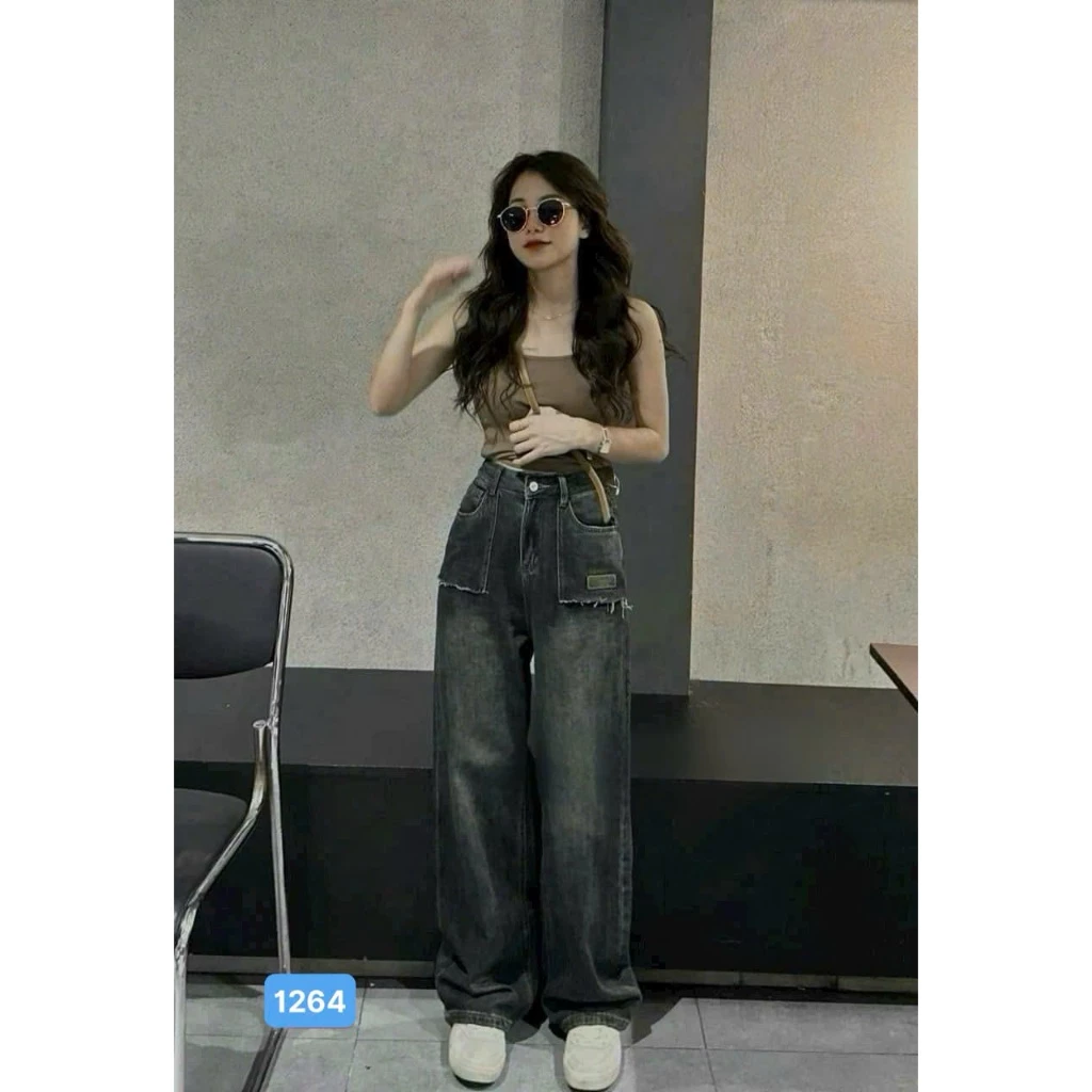 Quần jean baggy nữ suông màu xám phong cách Ulzzang - Quần bò nữ ống rộng OBOKFASHION QBG1264