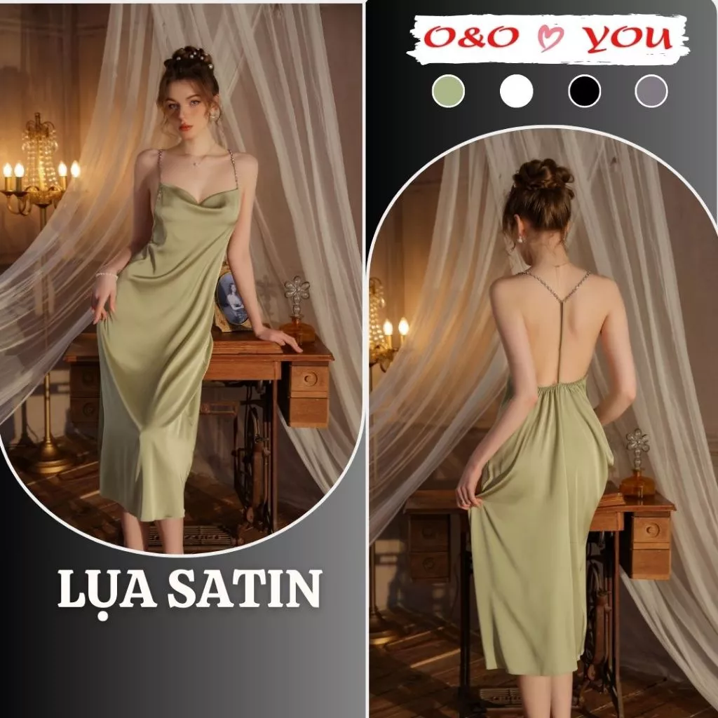 Đầm váy ngủ dài liền thân hai dây lụa satin cao cấp thu đông A26688 O&O thoáng mát mềm mại