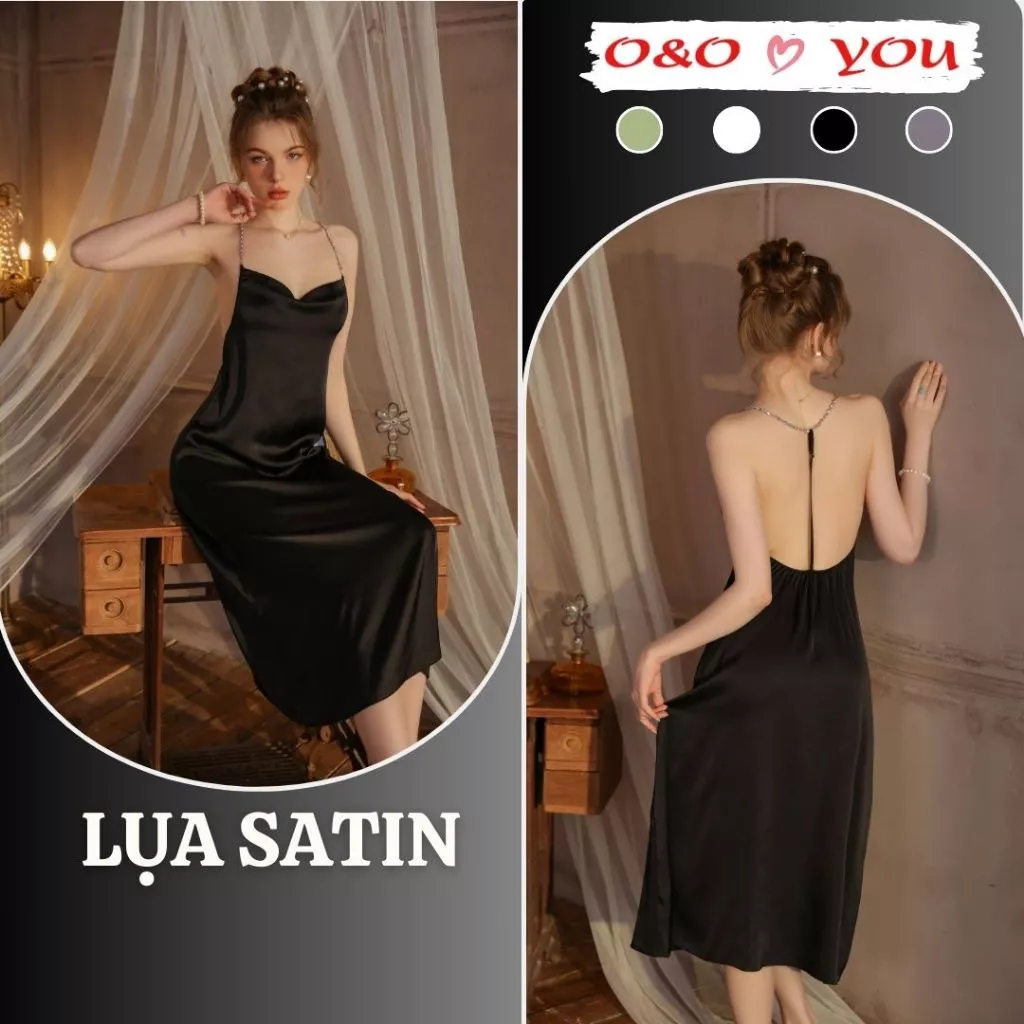 Váy ngủ dài lụa satin liền thân hai dây cao cấp O&O A26688, sang trọng, ấm áp mùa thu đông