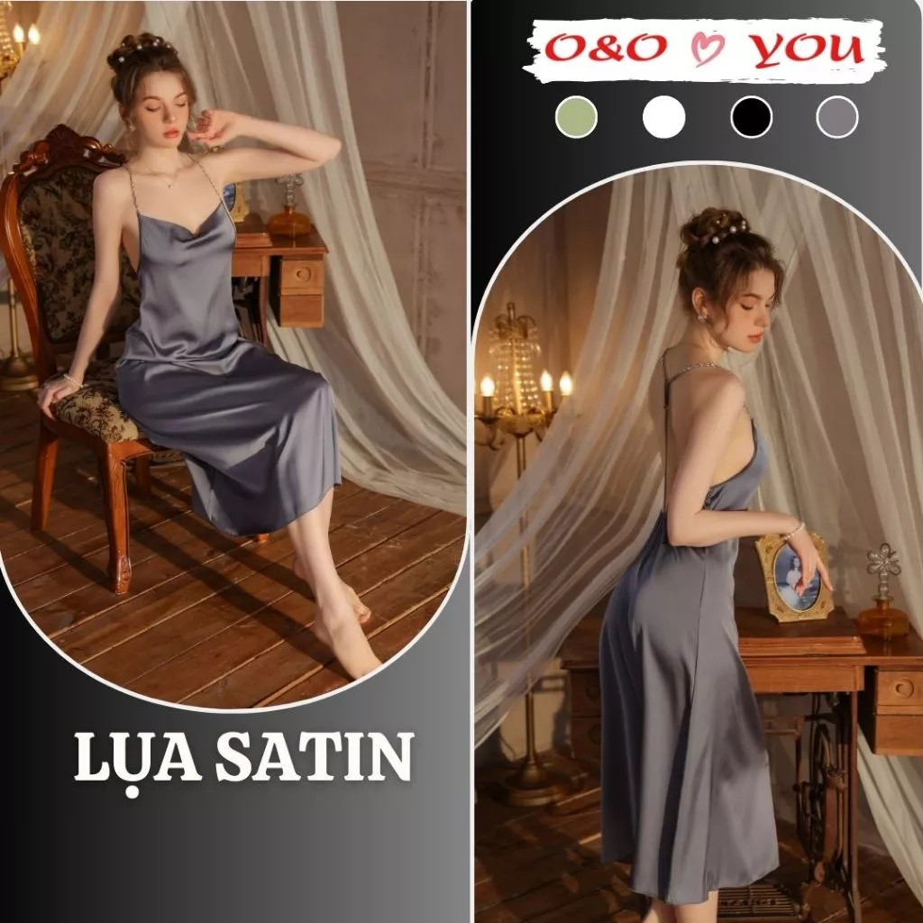 Đầm váy ngủ liền thân dài satin lụa cao cấp hai dây O&O A26688, phong cách thu đông sang trọng
