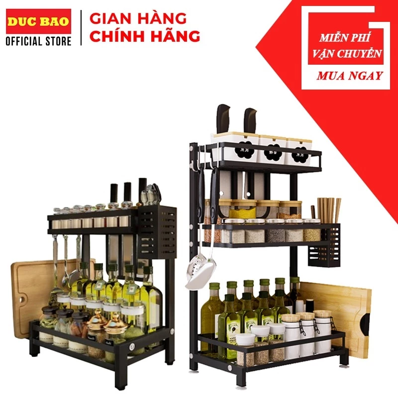 kệ đựng gia vị nhà bếp 2/3 tầng, Kệ hũ gia vị để bát đũa dao thớt
