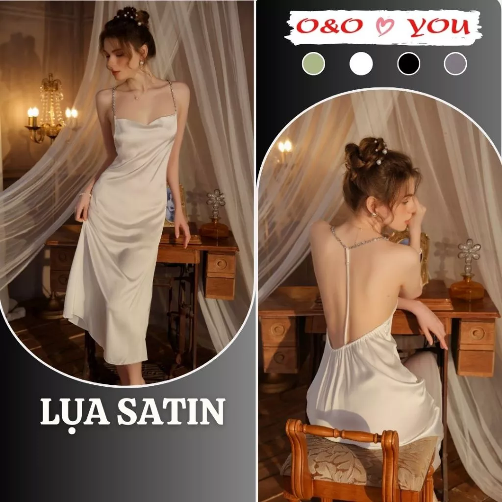 A26688 O&O Đầm ngủ lụa satin cao cấp hai dây liền thân dáng dài mềm mại thoáng mát mùa thu đông 2024