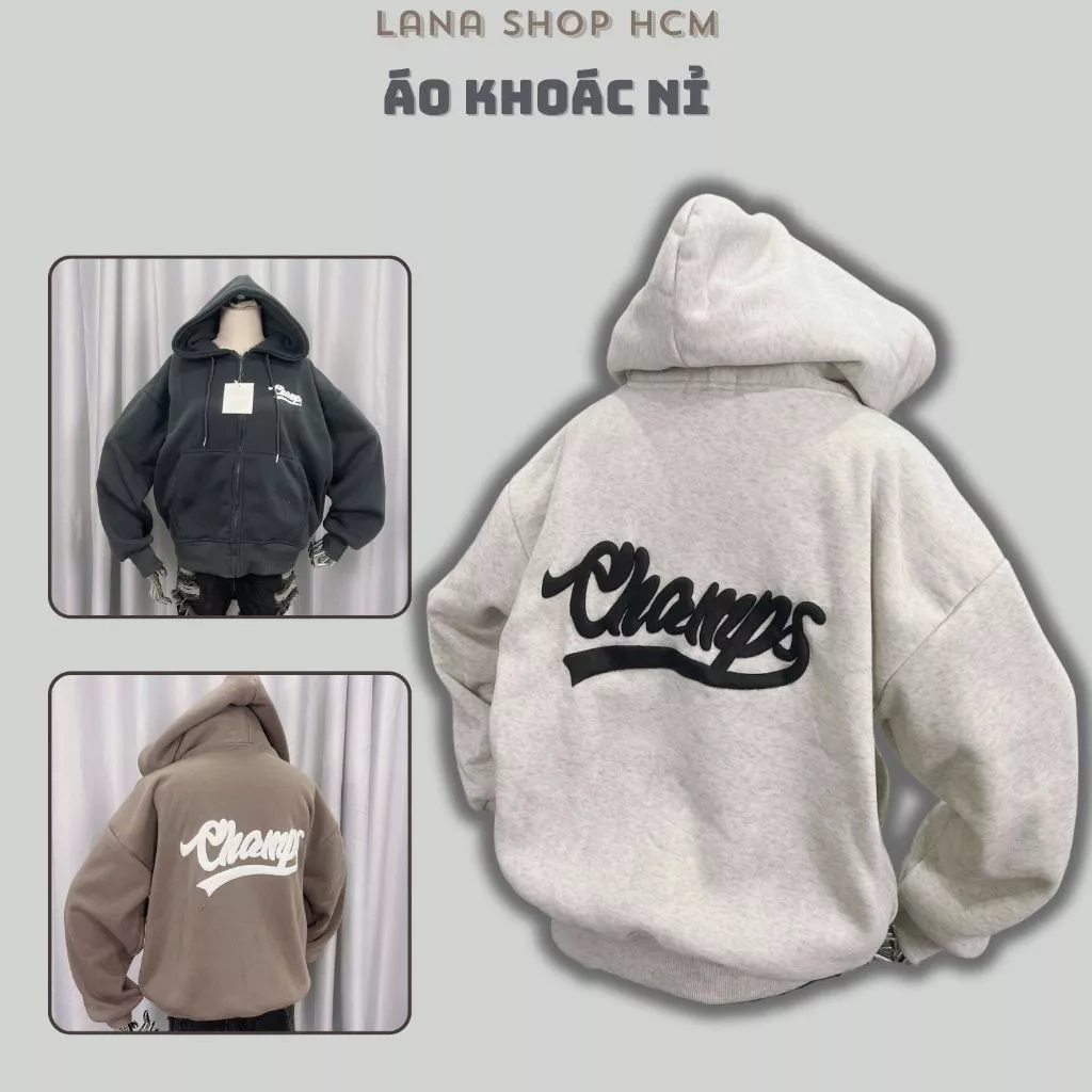 Áo Khoác Nỉ Champs In Nổi Nón 2 Lớp Chất Nỉ Bông Tay Phồng Đẹp Áo Khoác Nữ