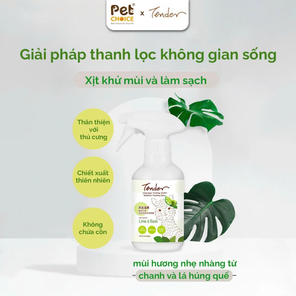 Xịt khử mùi TENDER cho thú cưng 430ml, xịt thơm chó mèo hương chanh và húng quế thơm mát, an toàn lành tính (PET 0228)