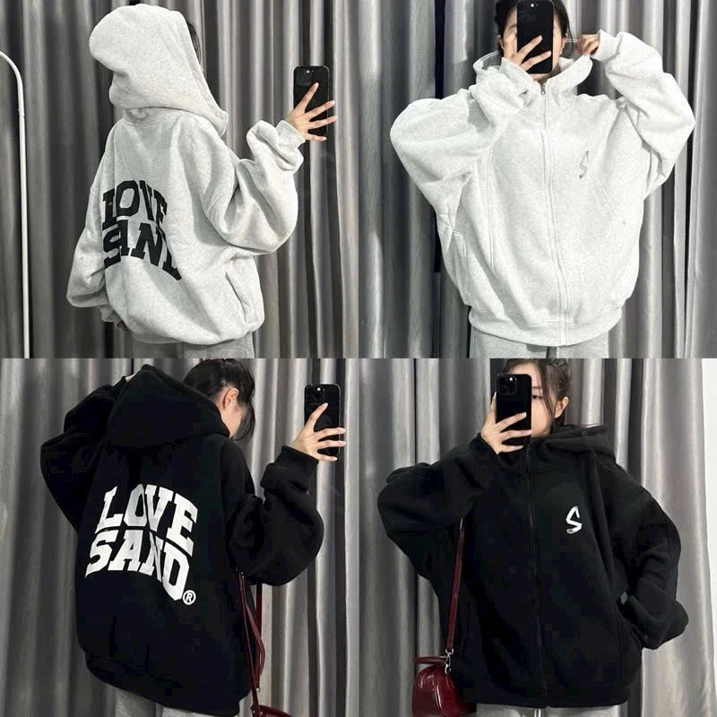 Áo Khoác Nỉ LOVE SAND Nón 2 Lớp Chất Nỉ Bông Tay Phồng Đẹp Áo Khoác Nữ