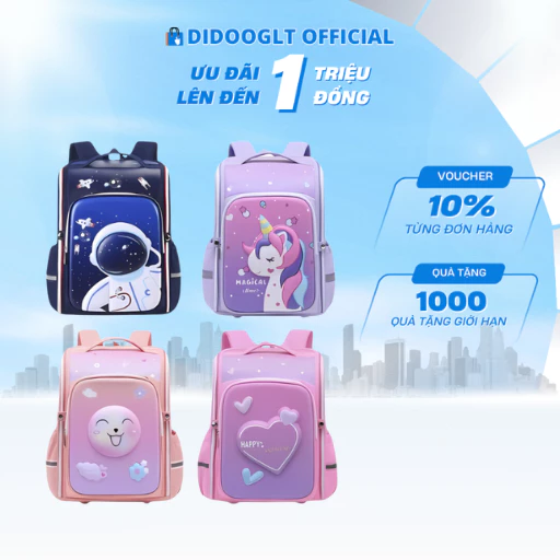 Balo chống gù in hình 3D nổi Didooglt balo đi học cho học sinh cấp 1 chất liệu vải chống nước có phản quang