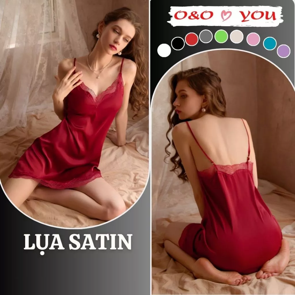 A16988 O&O Đầm ngủ hai dây chất liệu lụa Satin, màu sắc trơn một màu, váy ngủ 2 dây cổ V dáng chữ A