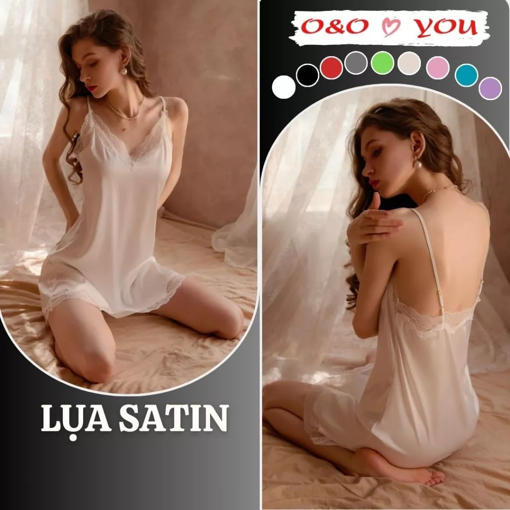 Váy ngủ 2 dây phối ren chất liệu lụa Satin, cổ V, dáng chữ A, A16988 O&O