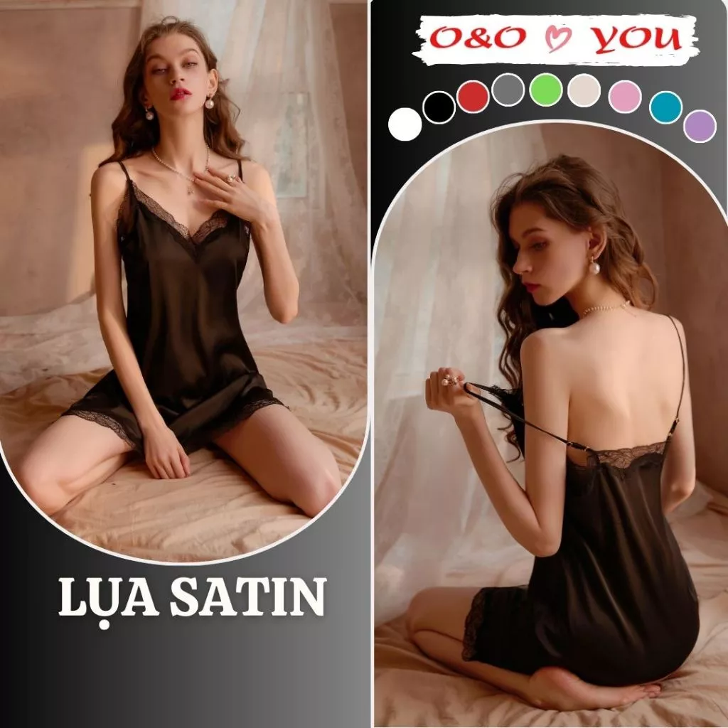 A16988 O&O Váy ngủ hai dây cổ V lụa Satin ren hàng quảng châu đồ ngủ nữ mặc nhà dễ thương thoáng mát