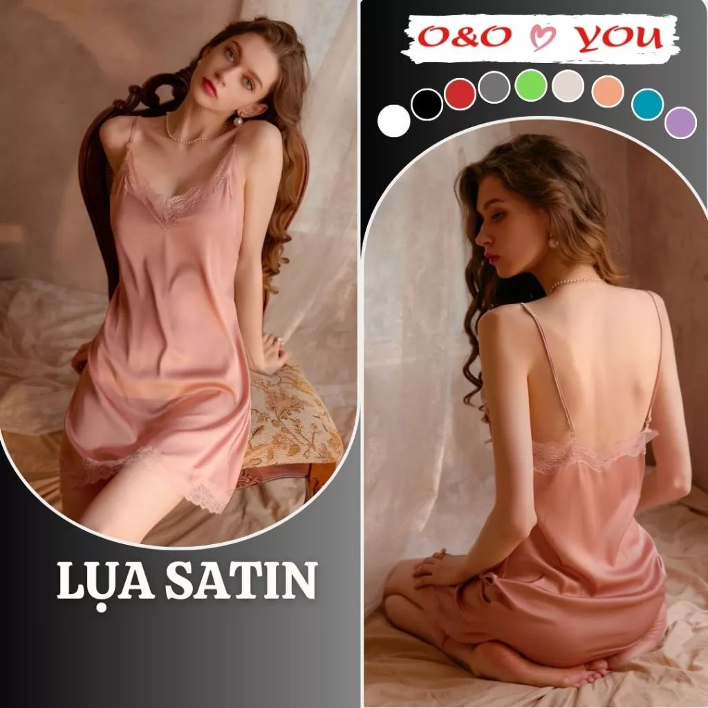 (CHE TÊN_ HOẢ TỐC) Đầm váy ngủ hai dây lụa Satin, màu sắc trơn một màu, liền thân A16988 O&O