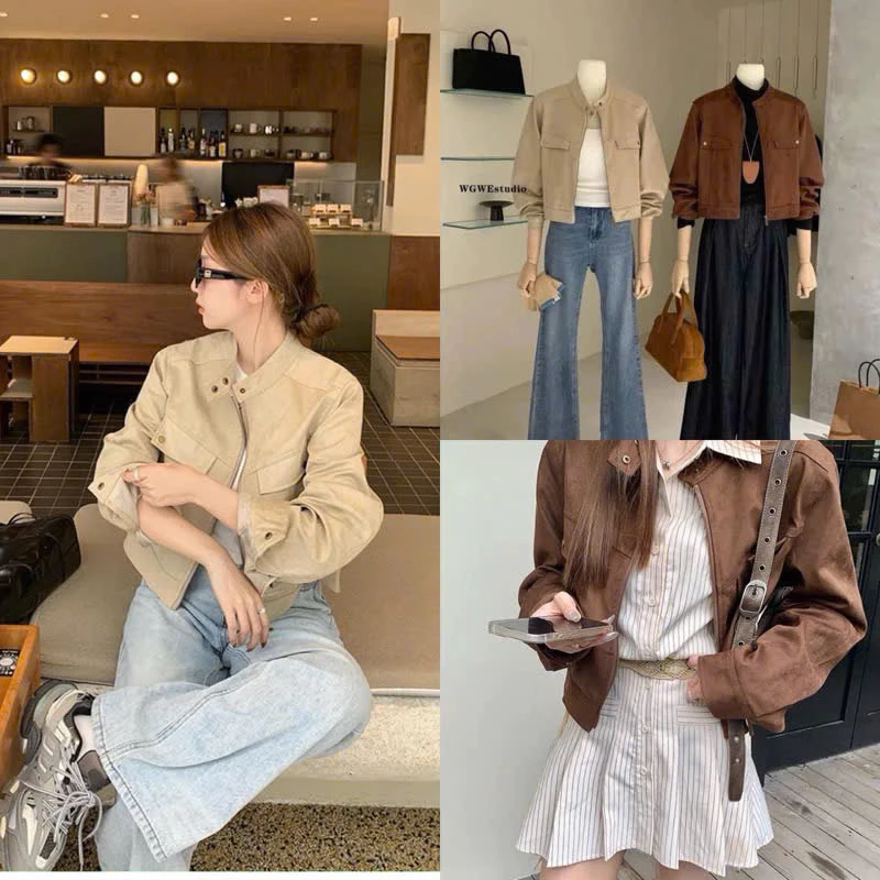 [Hàng loại 1 - sẵn] Áo khoác da lộn cổ trụ cúc bấm- Áo croptop thiết kế túi nắp đứng form