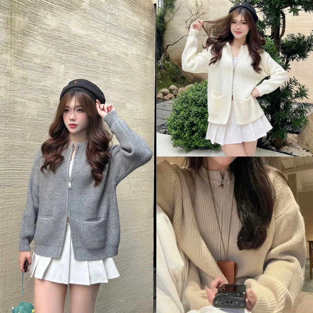 Áo khoác len kéo khoá 2 đầu có hai túi ẩn  SUMIISHOP AL06 Nữ Women