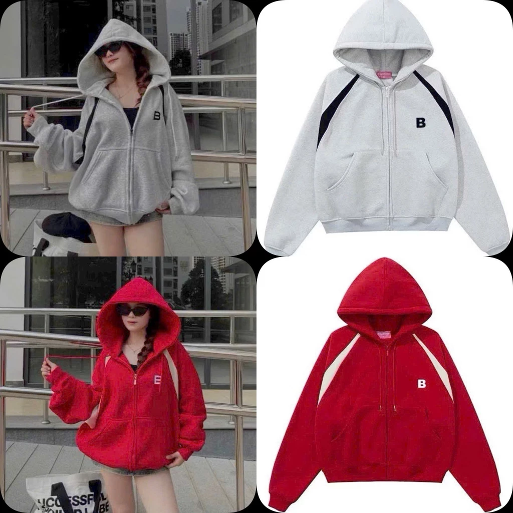 Hoodie Zip - Áo Khoác Nỉ Khoá Kéo Form Rộng Unisex Boxy Hoạ Tiết Raglan In Chữ B Thêu Chất Nỉ Bông,Áo Hoodie Mũ To
