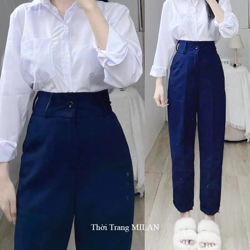 (DÀI 88-95-103CM)Quần tây XANH ĐEN đi học 1 2 nút lưng cao M668 nữ m50 m55 m60 m65 dáng quần baggy học sinh vải dày