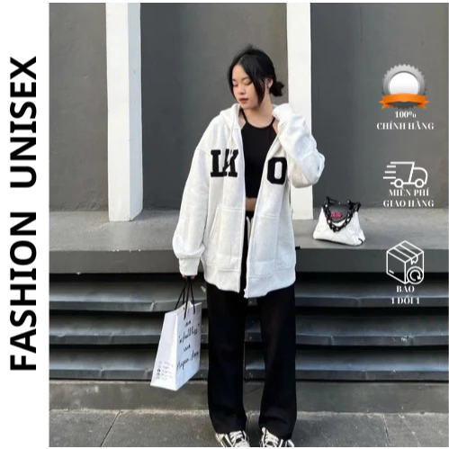 Áo hoodie zip, áo khoác nam nữ unisex in chữ LKOD form rộng thoải mái