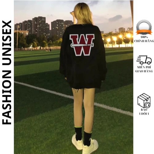 Áo sweater nỉ bông chữ W bóng chày form rộng mặc thoải mái