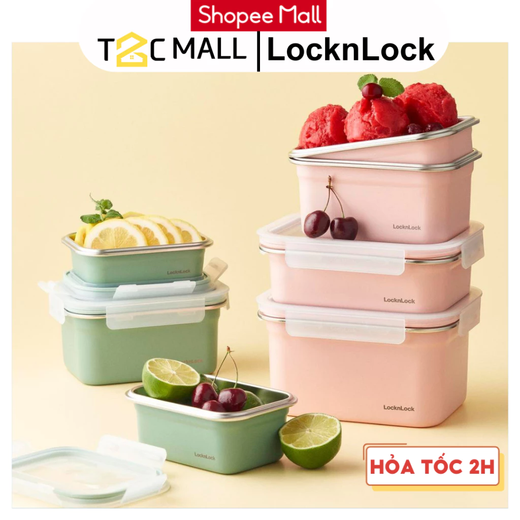 Hộp Inox 304 LocknLock Đựng Thực Phẩm, Hộp Bảo Quản Thép Không Gỉ Nắp Nhựa Màu Pastel - T2C Mall