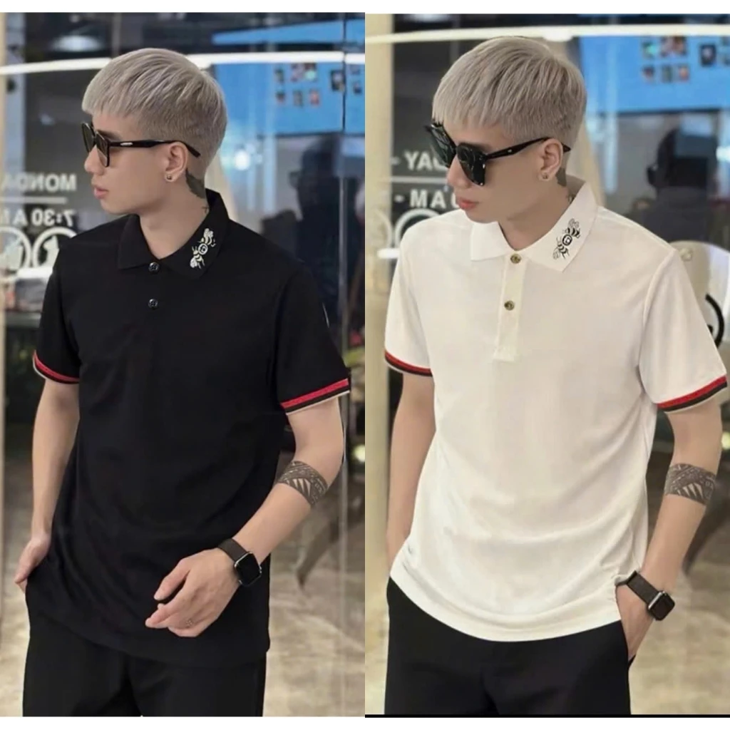 Áo POLO nam thêu ong dệt viền tay vải thoáng mát màu trắng đen cơ bản sang trọng Menswear Unisex