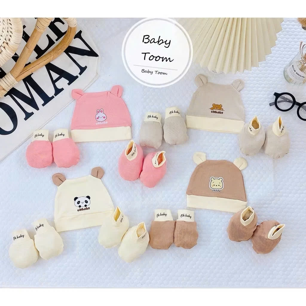 S2. Set Mũ + Bao Tay + Bao Chân Vải Thun Cotton Dày Dặn, Co Giãn Cho Bé Sơ Sinh 0-2M (3-5kg)