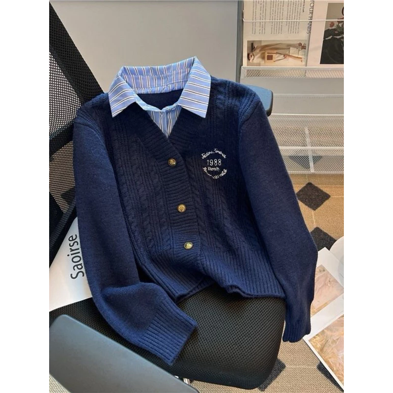 (sẵn xám) Áo Cardigan Len Dệt Kim Cổ V-Lát Sơ Mi Giả Layer Phong Cách Hàn Quốc – Phù Hợp Đi Học, Đi Làm