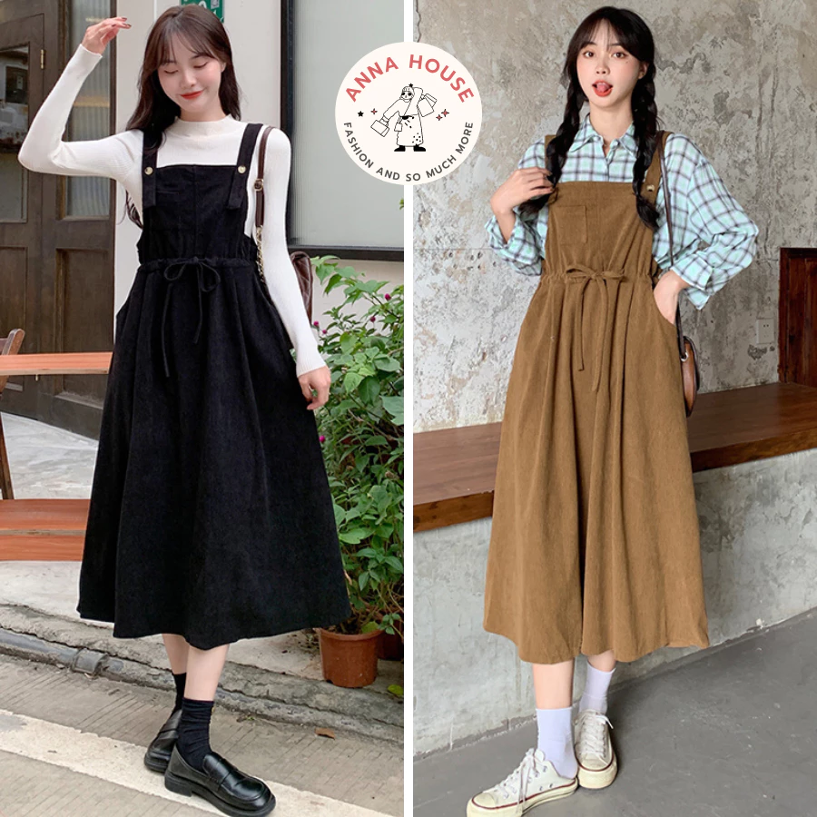 Váy yếm 2 dây bản to form rộng nhung tăm dây buộc eo 2 sườn dáng xòe, váy yếm gân tăm nữ dáng dài rộng babydoll