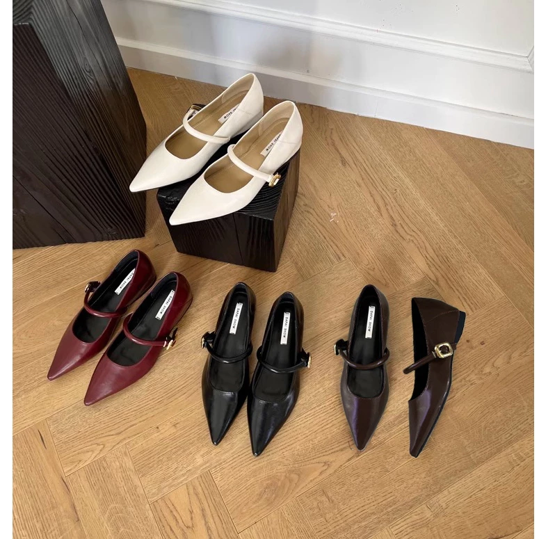 Giày Búp Bê MEYBANNI Mũi Nhọn Quai Ngang Phối Khóa Độn Đế Trong - C123