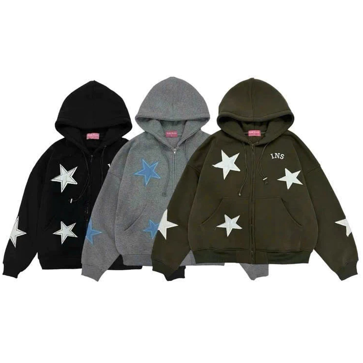 Áo khoác zip nỉ nam nữ In Nổi NGÔI SAO trắng, Hoodie zip form BOXY cute nỉ bông mũ to 2 lớp tp93