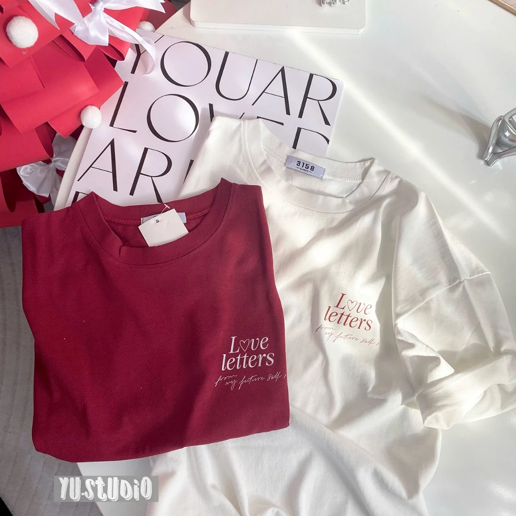 Áo thun 3158 YUSTUDIO, áo cotton khô form rộng dáng basic mẫu Love letters