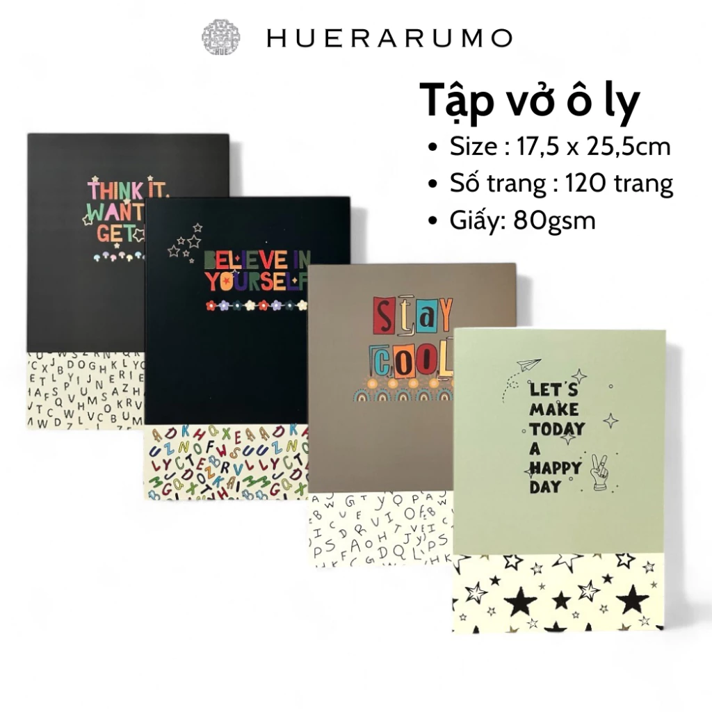 Vở ô ly B5 120 trang HUERARUMO, gáy khâu chỉ bước dài dấu ngoài, giấy cao cấp định lượng 80gsm, in offset.